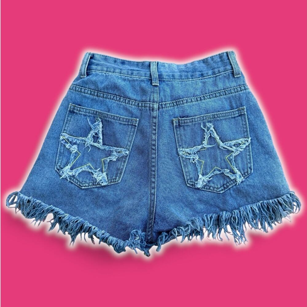 Romwe Star Patches Blue Jean High Rise Shorts Size XS 2